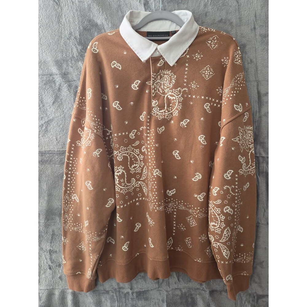 No Boundaries Men’s Polo Sweatshirt Brown Paisley Collared Button Pullover L